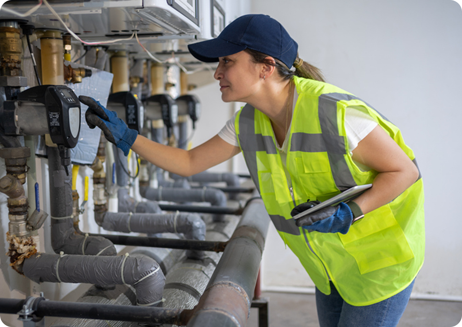 Worker inspecting industrial equipment, wearing safety vest.