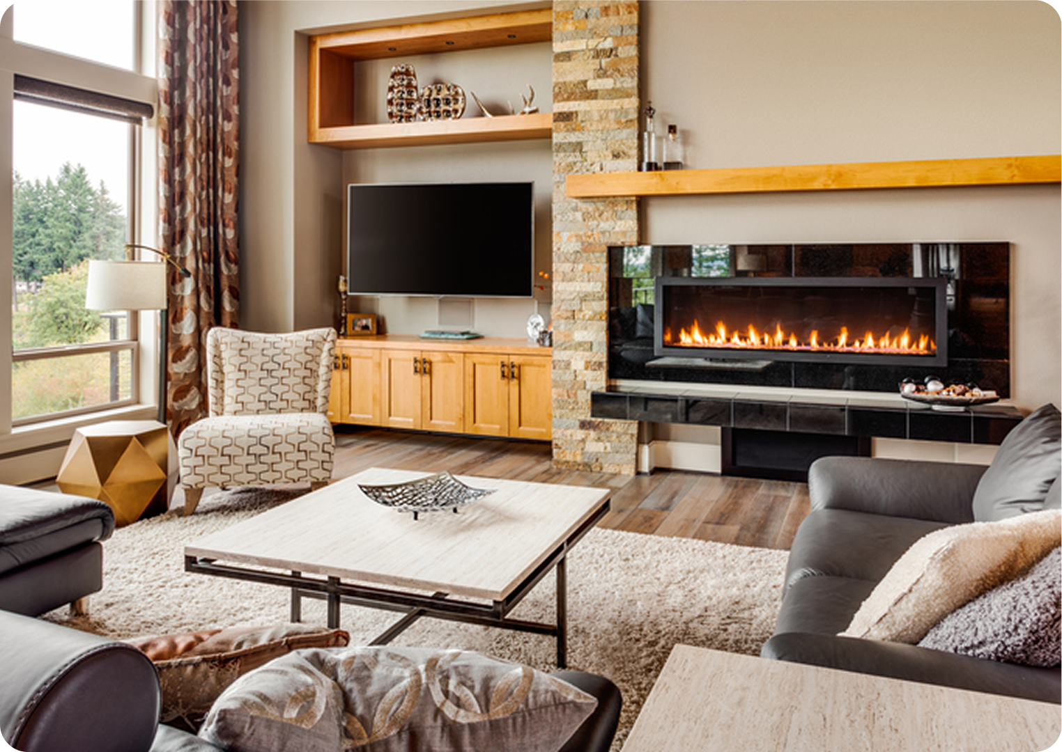 Modern living room with cozy fireplace.