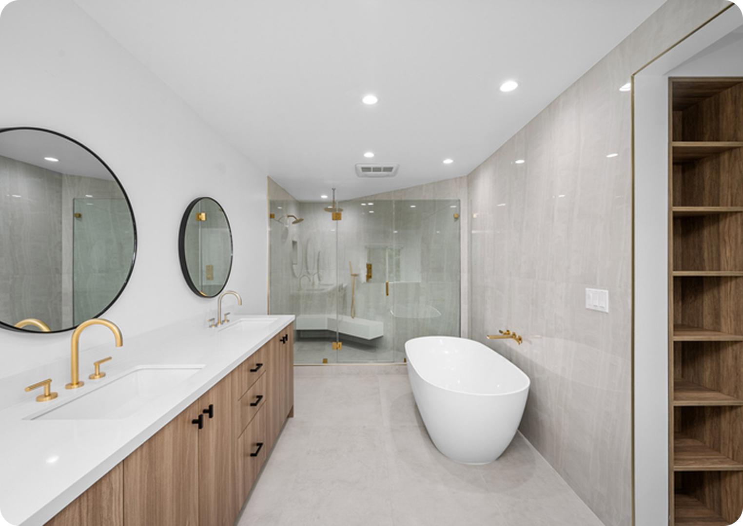Modern bathroom with freestanding tub and shower.