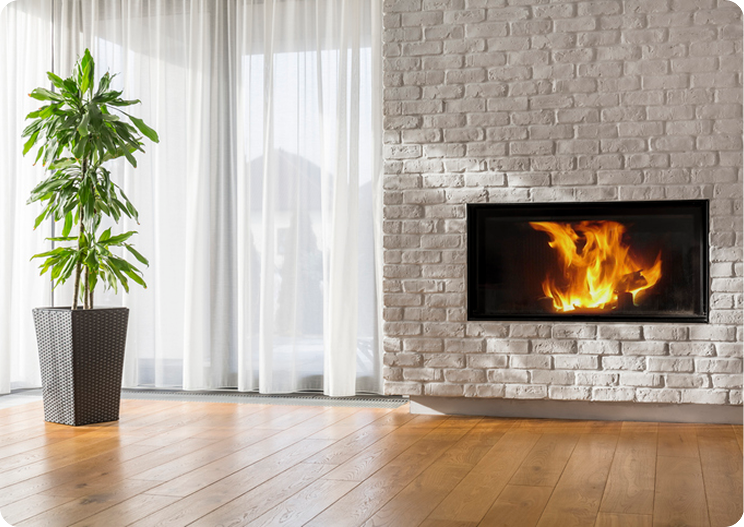 Fireplace with plant and white curtains.
